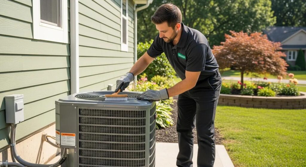 Technician performing seasonal AC tune-up on residential unit, highlighting HVAC maintenance importance