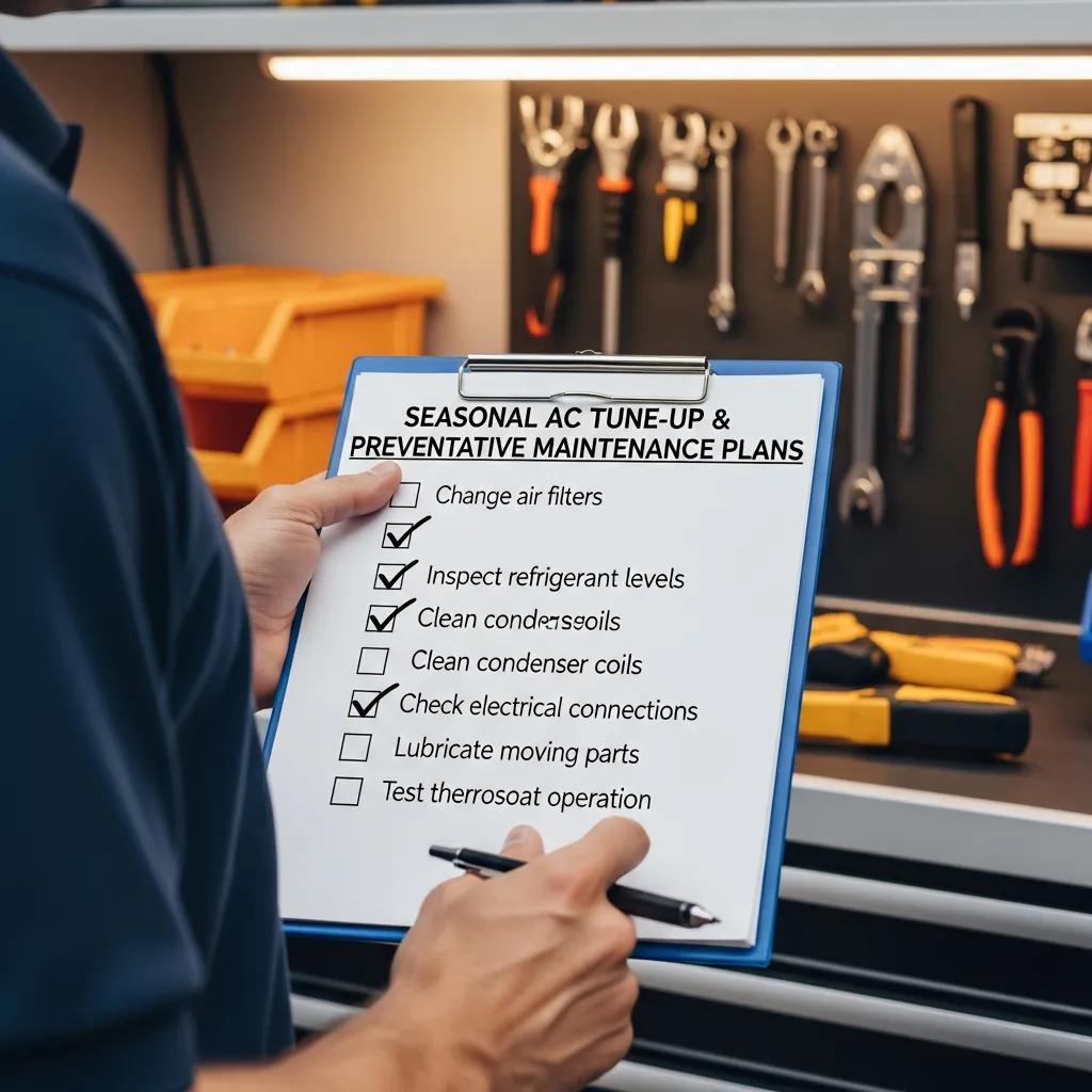 Seasonal AC Tune-Up & Preventative Maintenance Plans 2 Technician reviewing checklist for seasonal AC tune-up and preventative maintenance tasks
