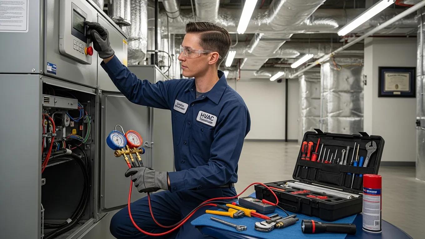 Understanding Your HVAC System Warranty & Coverage 2 Certified HVAC technician performing maintenance on an HVAC system