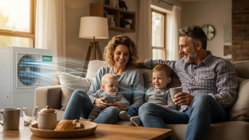 Understanding Your HVAC System Warranty & Coverage 1 Family enjoying comfort in a cozy living room with a visible HVAC unit
